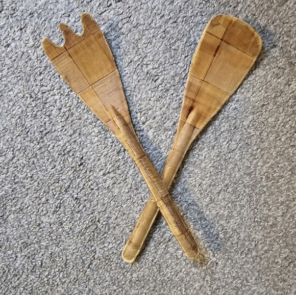 Vintage MCM Formosa Wood Woven Checked 9 Piece Salad Bowl Spoon & Fork Set - Picture 8 of 10